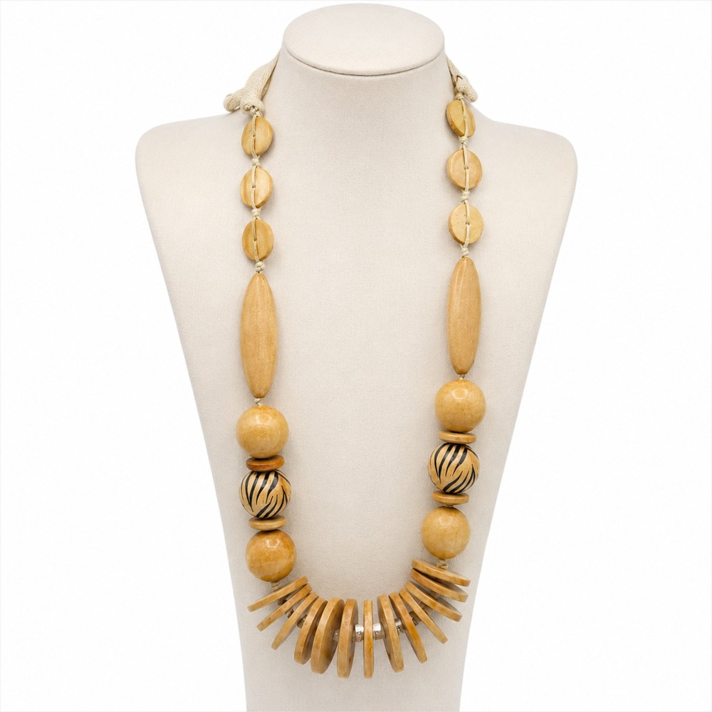 Tribal Boho 22" Wood Bead Necklace Zebra Botanical Harvest Philippines NWT